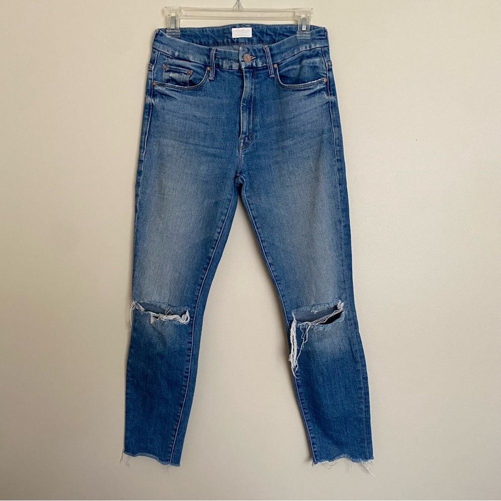 MOTHER High Waisted Looker Ankle Fray Classic Blue Ripped Cropped Jeans